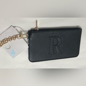 Women’s initial R gold wrist chain purse wallet black. 7”LX4W